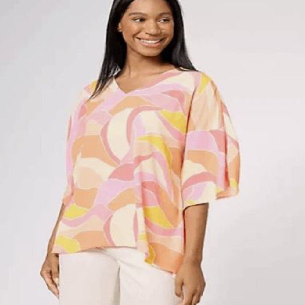 Belle by Kim Gravel Womens Woven Aloha Poncho Sunshine Waves Pink 2X Blouse